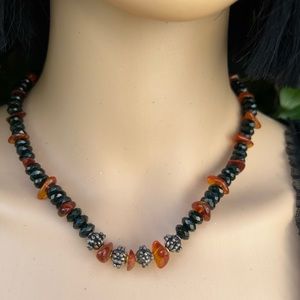 DARK GREEN & AMBER BEADED NECKLACE
